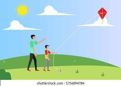 Father's Day vector concept: boy flying away the kite with his father at the green hills field