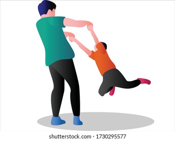Father's Day vector concept: father lifting his boy playfully by holding his hands over white background