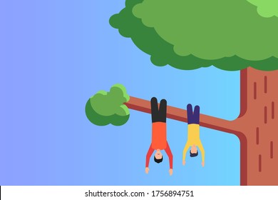 Father's Day vector concept: father hanging on the tree branch playfully with his son