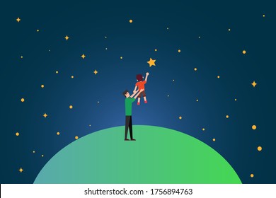 Father's Day vector concept: father lifting his son for reaching the stars