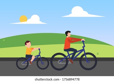 Father's Day vector concept: father riding bicycle with his son at the green hills field