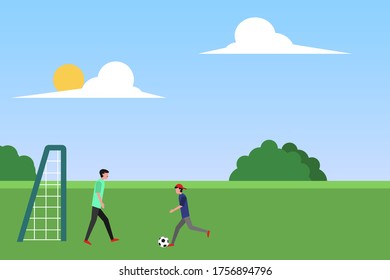 Father's Day vector concept: father playing soccer with his son at the green hills field