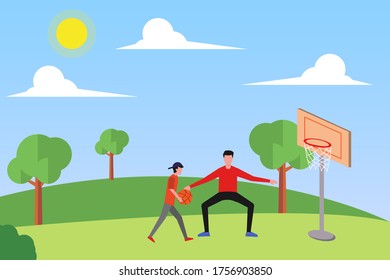 Father's Day vector concept: father playing basketball with his son at the green hills field
