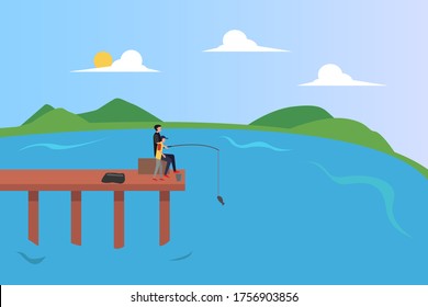 Father's Day vector concept: father fishing at the lake with his son