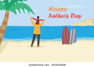 Fathers day vector concept. Father giving piggyback ride to his son on the beach