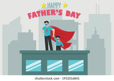 Fathers day vector concept. Father and his son in superhero suit standing on the rooftop with super hero cloak and face mask