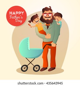Father's Day vector concept. Illustration with happy family: father, daughter, son and small baby in the cradle. Hipster man with his children.