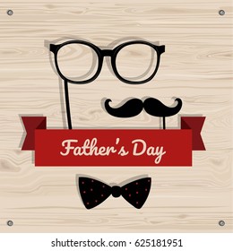 Father's Day vector greeting card. Man's accessories on wood background.