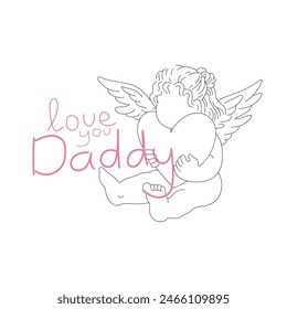 Father's Day vector greeting cards. Father's Day cartoon holiday illustration for banner. Linear flat angel with heart in hands and inscription on a white background