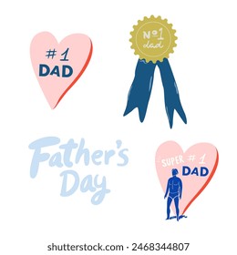 Tarjetas de felicitación del Vector del Día del Padre sobre fondo blanco y azul. Ilustración de vacaciones de dibujos animados del Día del Padre para el Anuncio. Conjunto de iconos para saludar al padre. Súper papá, papá número uno.