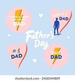 Tarjetas de felicitación del Vector del Día del Padre sobre fondo blanco y azul. Ilustración de vacaciones de dibujos animados del Día del Padre para el Anuncio. Conjunto de iconos para saludar al padre. Súper papá, papá número uno.