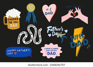 Father's Day vector greeting icons on black background. Father's Day cartoon holiday icons for banner. Set of icons for greeting father. Super dad, Dad number one. Mug of beer icon for greeting card