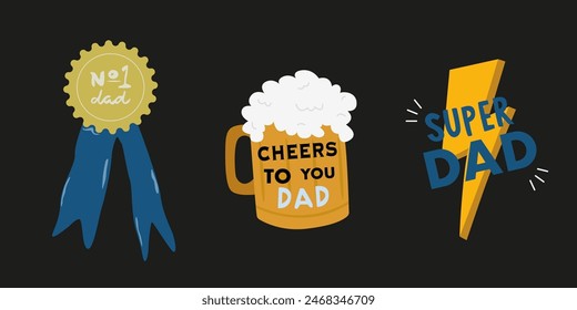 Father's Day vector greeting icons on black background. Father's Day cartoon holiday icons for banner. Set of icons for greeting father. Super dad, Dad number one. Mug of beer icon for greeting card