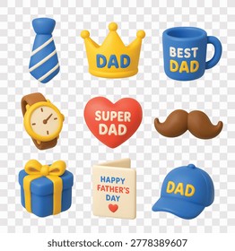 Father's Day Vector Icon Set | 3D icon set | necktie, crown, coffee mug, wristwatch, heart, mustache, gift box, greeting card, cap