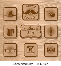 Father's Day vector icons collection on a wooden background. Happy Father's Day