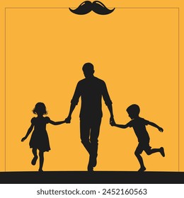 Captura de la Ilustración vectorial del Día del Padre , con un padre caminando de la mano con sus dos hijos contra un fondo naranja vivo, subrayado por un motivo de bigote juguetón