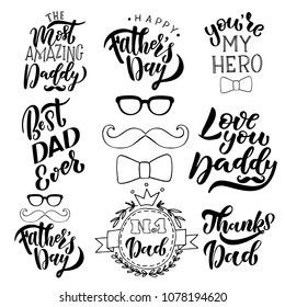 Fathers Day vector illustration collection for greeting card. Happy Fathers Day brush calligraphy, hand lettering