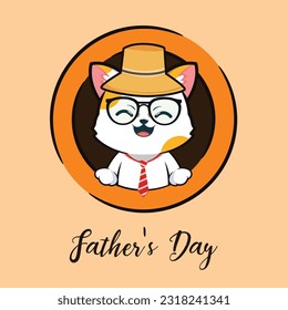 Father's day vector illustration. Cute Cat dad with tie, brown hat inside a circle and Father's Day text