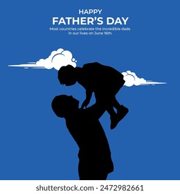 Father's day vector illustration, design element for greeting card, poster, banner and flyer. Happy Father's Day with dad and children silhouettes. Vector greeting card with a nice message of Father's