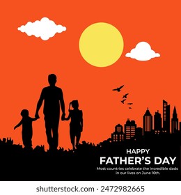 Father's day vector illustration, design element for greeting card, poster, banner and flyer. Happy Father's Day with dad and children silhouettes. Vector greeting card with a nice message of Father's