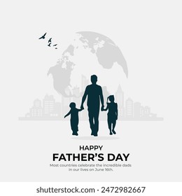 Father's day vector illustration, design element for greeting card, poster, banner and flyer. Happy Father's Day with dad and children silhouettes. Vector greeting card with a nice message of Father's