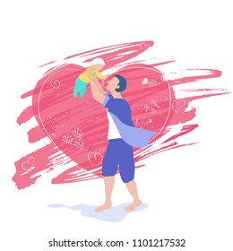 Father`s day vector illustration. Father with child vector illustration. Father teaches the child to walk. Parenting illustration. Modern flat shapes design. Hand drawn illustration. -stock vector.