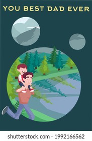 Father's Day vector illustration. illustration of father and son on the background of an adventure landscape with mountains, lakes and forests. Happy family of man and boy outdoors.