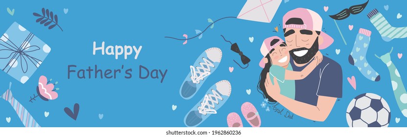 Fathers day vector illustration set in modern style. Fathers Day poster or banner template with necktie and gift box on blue background. Vector promotional template.