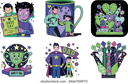 Fathers day vector illustration set for fathers day with son and daughter family collection