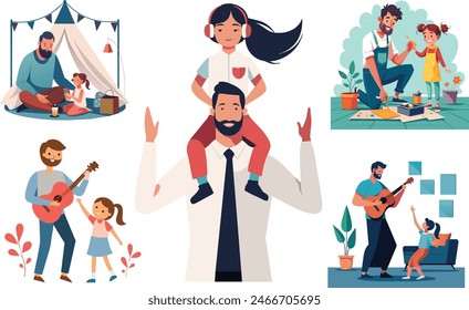 Ilustración vectorial del día del padre fijada para el día del padre con el hijo y la colección familiar de la hija