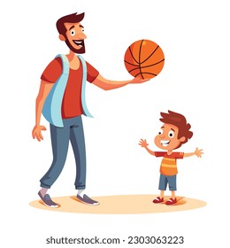 Father's Day vector image depicting a father and son playing basketball outdoors. Perfect for family sport and outdoor activity