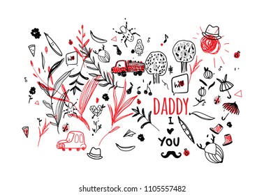 Father's Day vector. Picture  child to the day of his father - Daddy, I love you. Mustache, hat, cute  summer drawing line, beetles, fruit, truck, apples, cherries, blackberries. ladybug  
