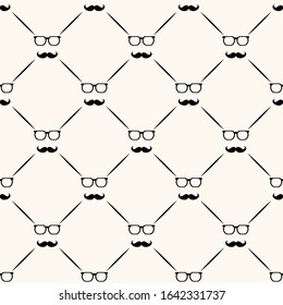 Father's day vector seamless pattern, geometrical background with bow ties, glasses and lines, simple elegance monochrome illustration. Good for prints, web and texture