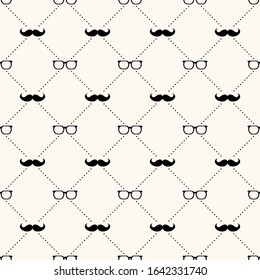 Father's day vector seamless pattern, geometrical background with mustache, glasses and dotted lines, simple elegance monochrome illustration. Good for prints, web and texture