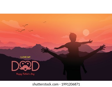 Father's Day Vector. Silhouette Of Father And Son On Background Of Adventure Landscape With Mountains, Sun And Sky. Dad And Child In Nature At Sunset.