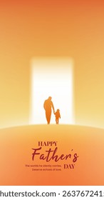 Father's Day vertical illustration Father and child walking towards the light door