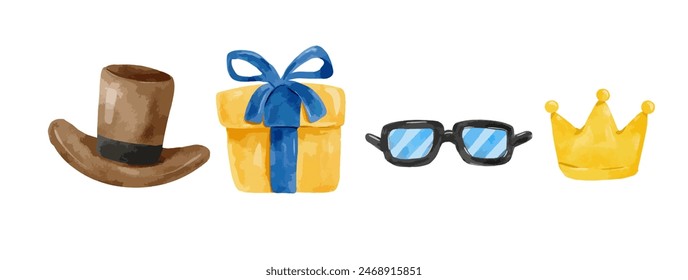 Conjunto de Vector de acuarela del día de los padres, sombrero marrón mágico, caja de regalo amarilla con cinta azul, gafas, corona de oro aislada sobre fondo blanco