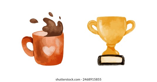 Fathers Day Watercolor Vector Set, Coffee Mug, Golden Trophy Cup isolated on white background