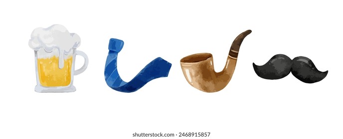 Vector de acuarela del día de los padres, vaso de la cerveza, corbata, pipa que fuma, bigote aislado en fondo blanco