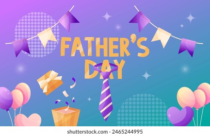 Father's day web banner for congratulating dady. Greeting card, poster or banner with balloons, confetti, tie. Vector illustration