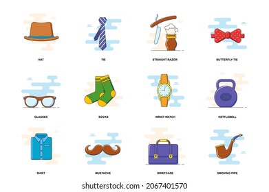 Fathers day web concept stroke flat line icons isolated set. Holiday celebration bundle. Graphic linear symbols collection for website design. Vector conceptual pack outline pictograms for mobile app