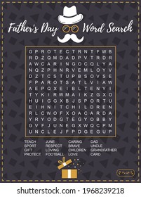 Father's Day word search puzzle. Crossword suitable for social media post.  For learning English words. Vector illustration