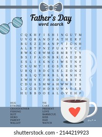 Father's Day word search puzzle. Holiday crossword suitable for social media post. Trivia game. Party card. activity worksheet. Vector illustration