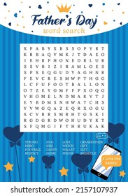 Father's Day Word Search Puzzle. Holiday Crossword Suitable For Social Media Post. Trivia Game. Party Card. Activity Worksheet. Vector Illustration