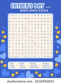 Father's Day word search puzzle game on a blue hearts  background worksheet. Printable activities for learning and development. Educational game for children and adults, learning English vocabulary