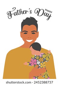 Father's Day. Young happy stylish man holding a baby in his arms. Vector.