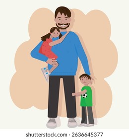 Father's day.Happy family, daughter and son with his dad.Flat vector illustration