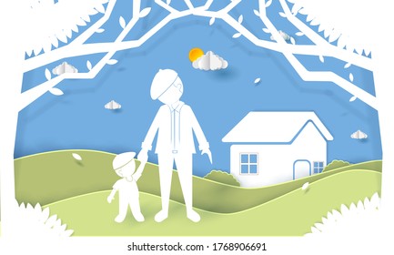 Father's days Illustration. Father and son on field trip, paper cut style vector graphic.