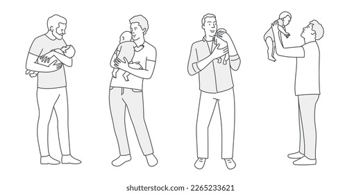 Fathers enjoy happy time with baby. Father's Day concept. Hand drawn vector illustration.