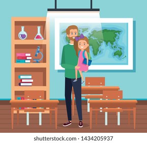 fathers with girl student and books with desk and backpack